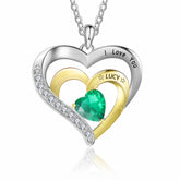 Double Heart Name Necklace with Birthstones