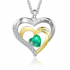 Double Heart Name Necklace with Birthstones