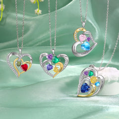 Double Heart Name Necklace with Birthstones