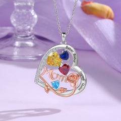 Personalized Mom Necklace – Heart & Rose Design