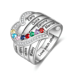 Heart Birthstone Ring with Engraved Names