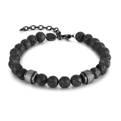 Engraved Black Lava Stone Bead Bracelet