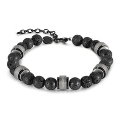 Engraved Black Lava Stone Bead Bracelet