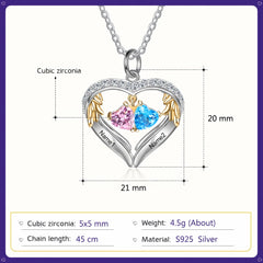 Angel Wing Heart Necklace with Birthstones