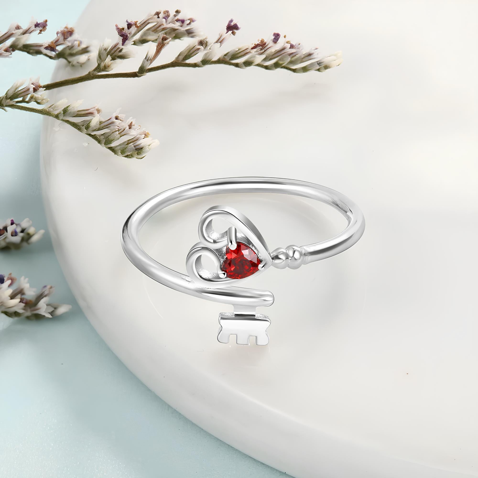 Personalized Heart Key Birthstone Ring