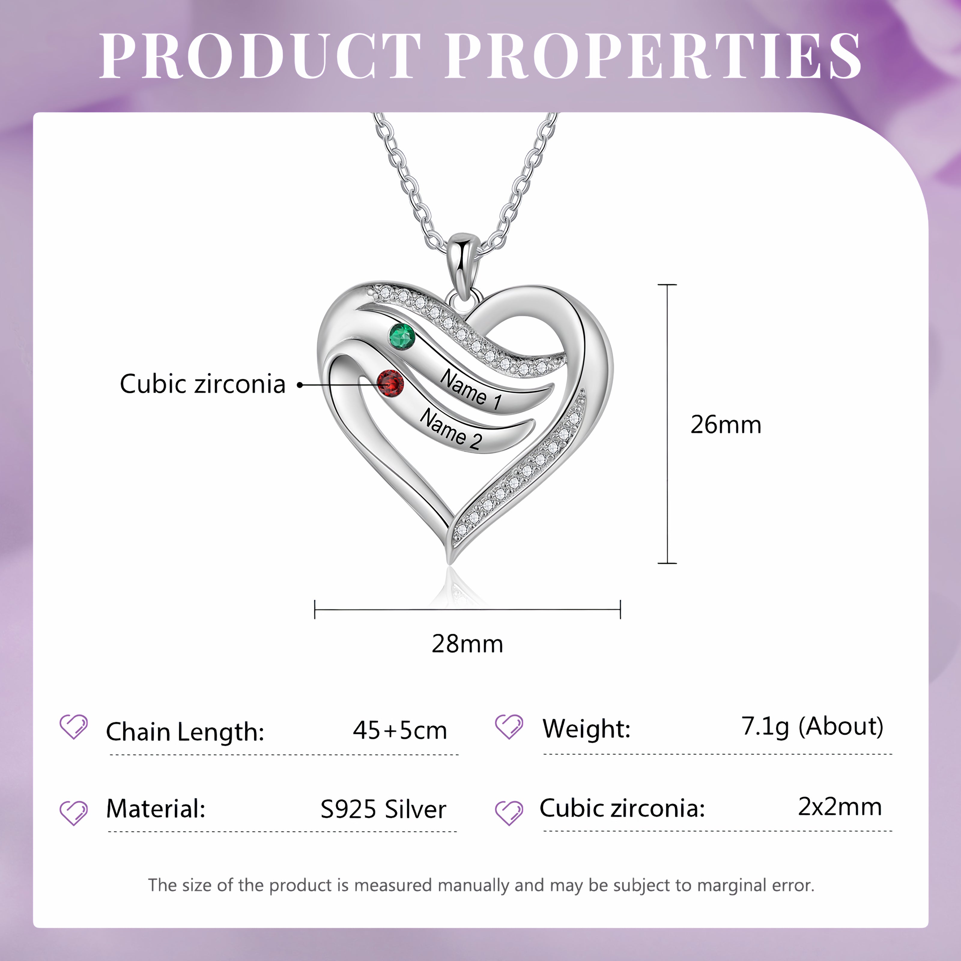 Engraved Heart Necklace with Birthstones