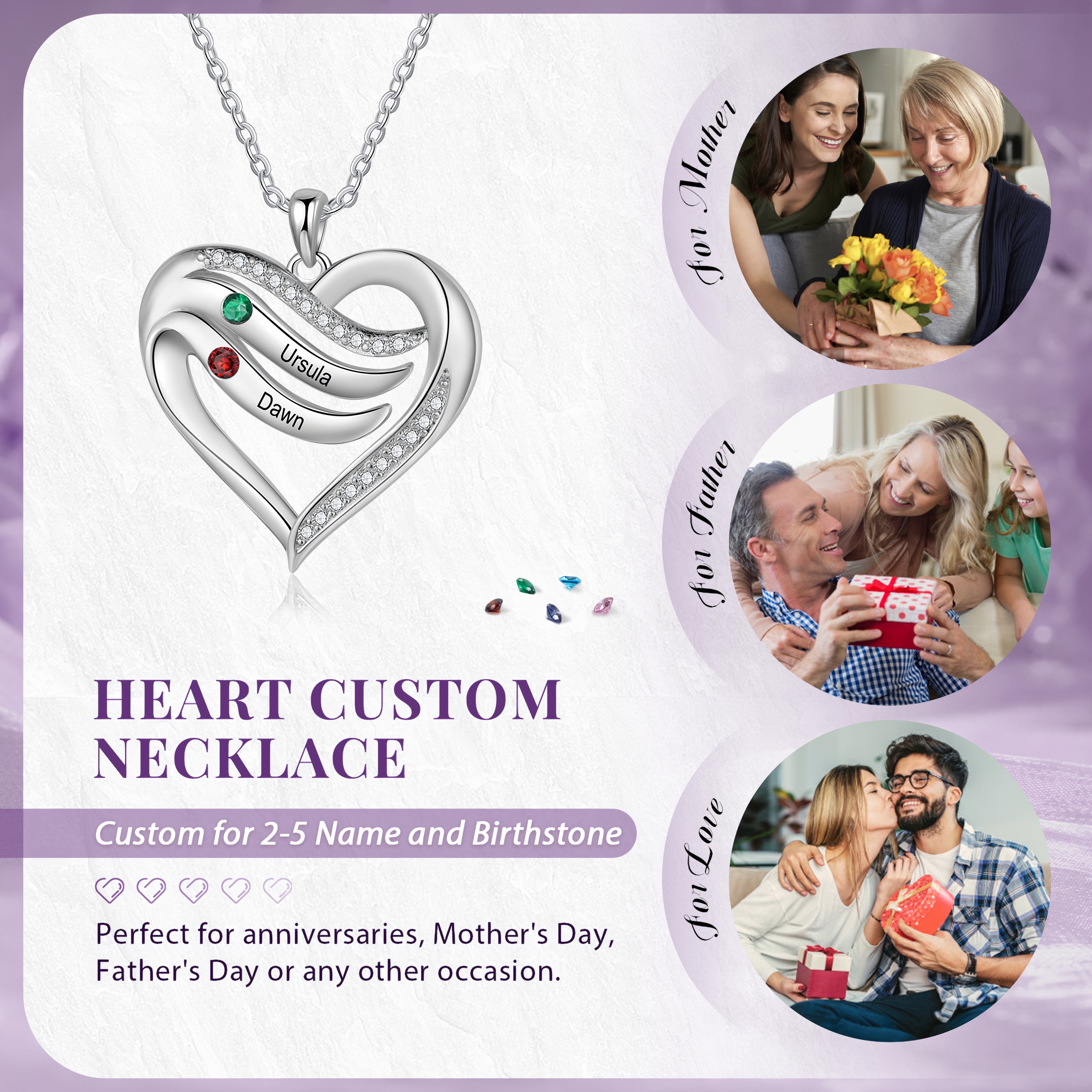 Engraved Heart Necklace with Birthstones