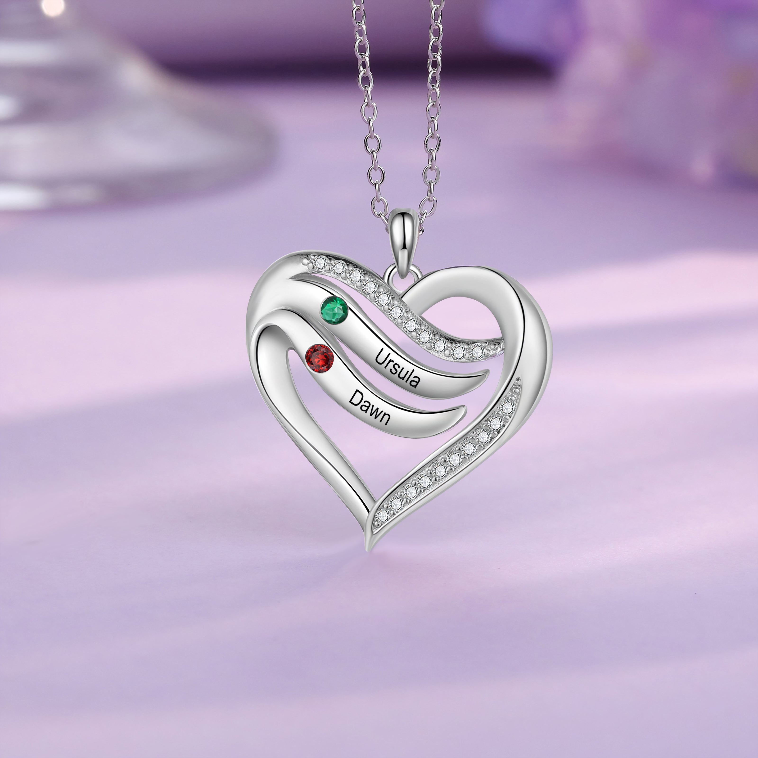 Engraved Heart Necklace with Birthstones