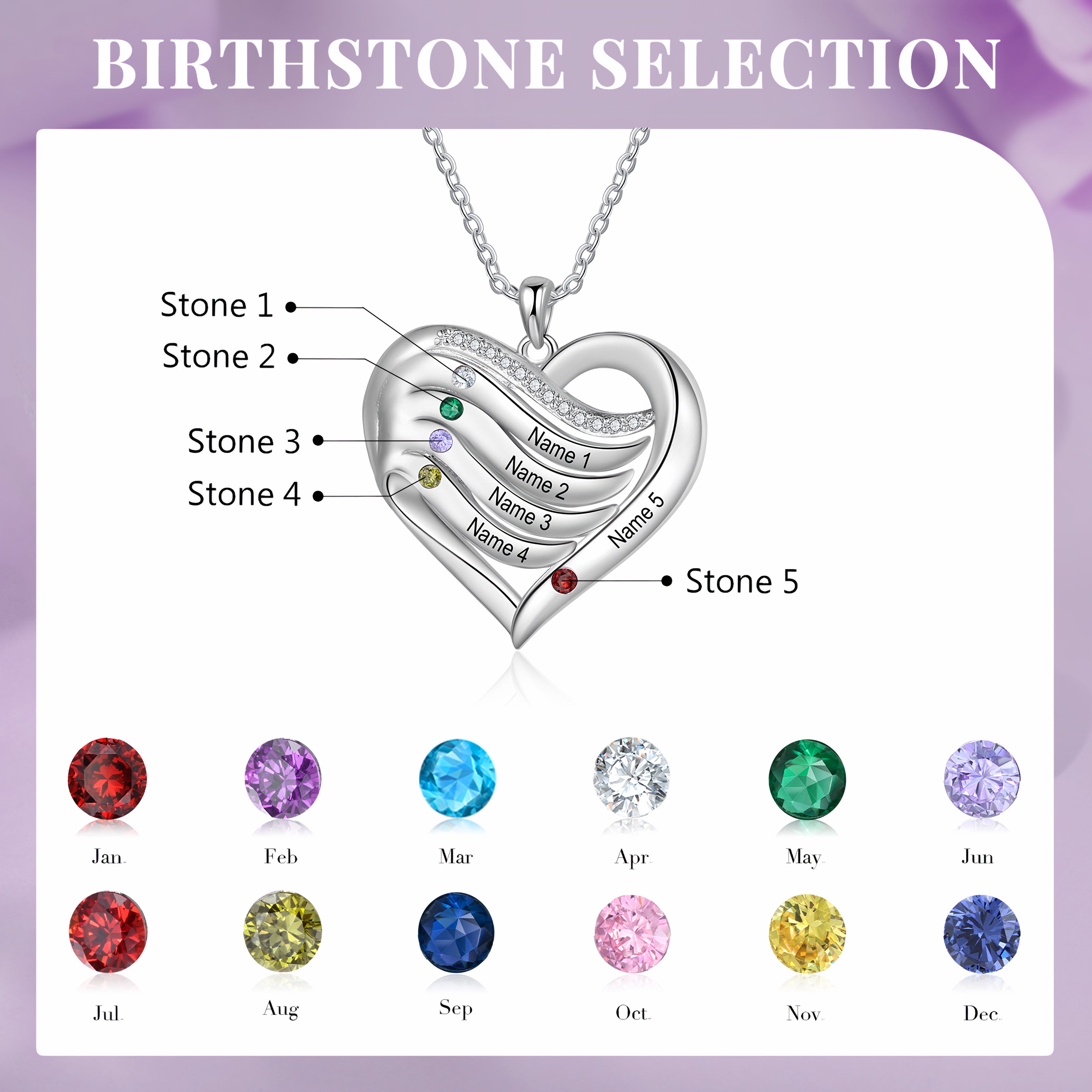 Engraved Heart Necklace with Birthstones
