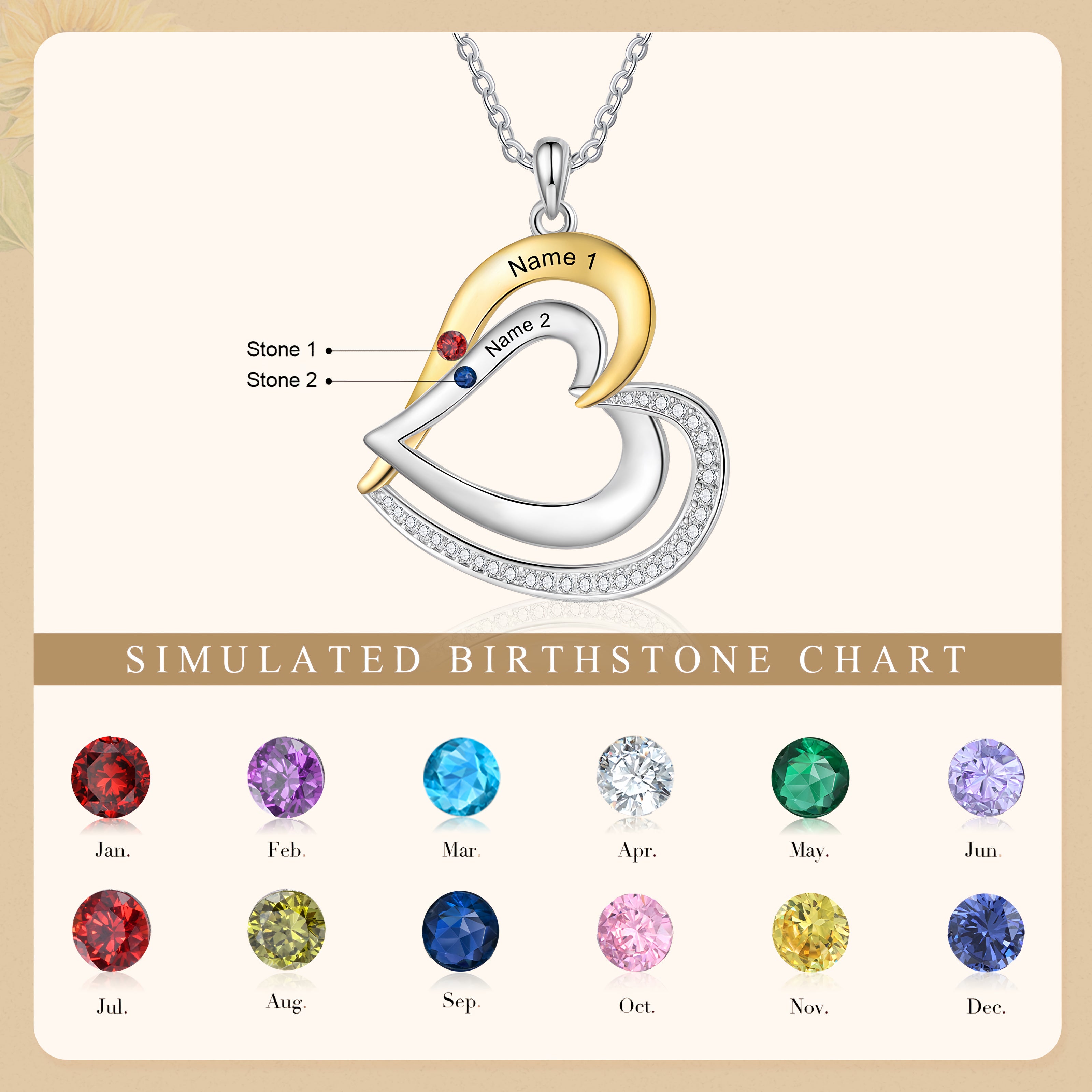 Gold & Silver Heart Necklace with Birthstones
