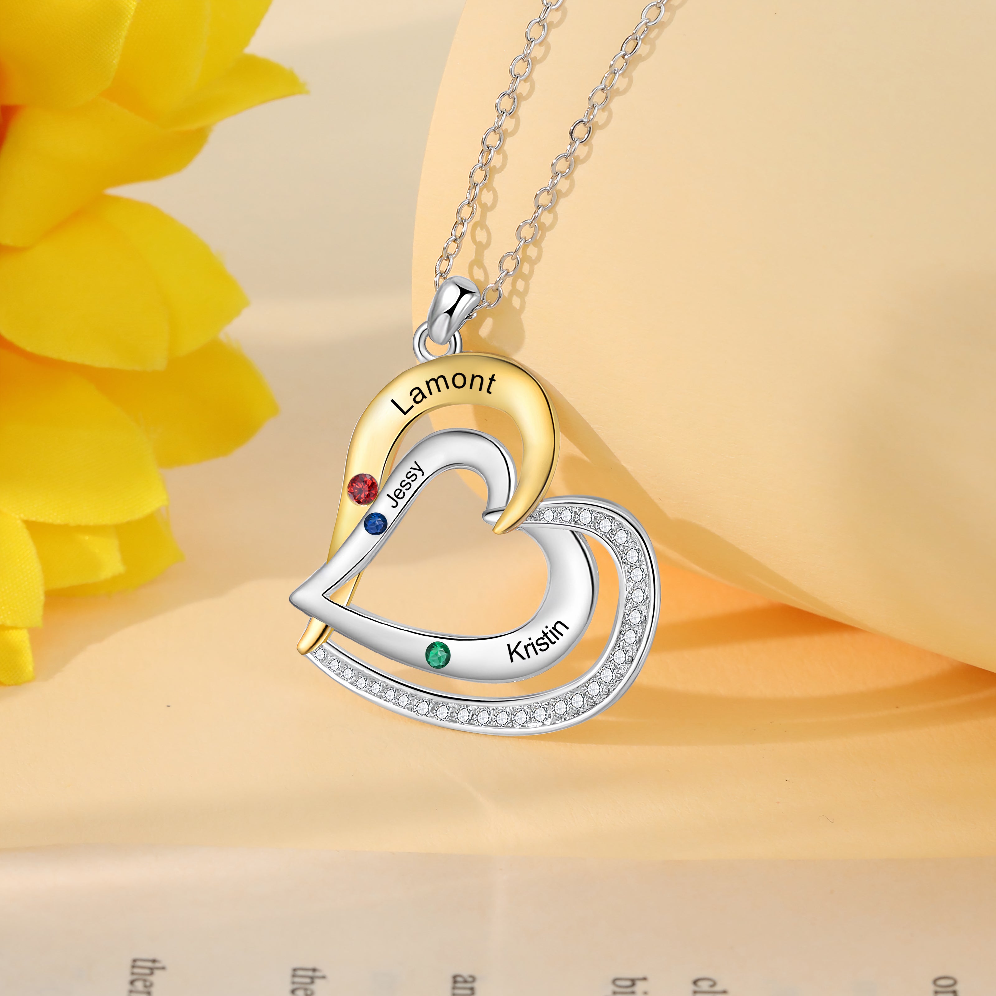 Gold & Silver Heart Necklace with Birthstones