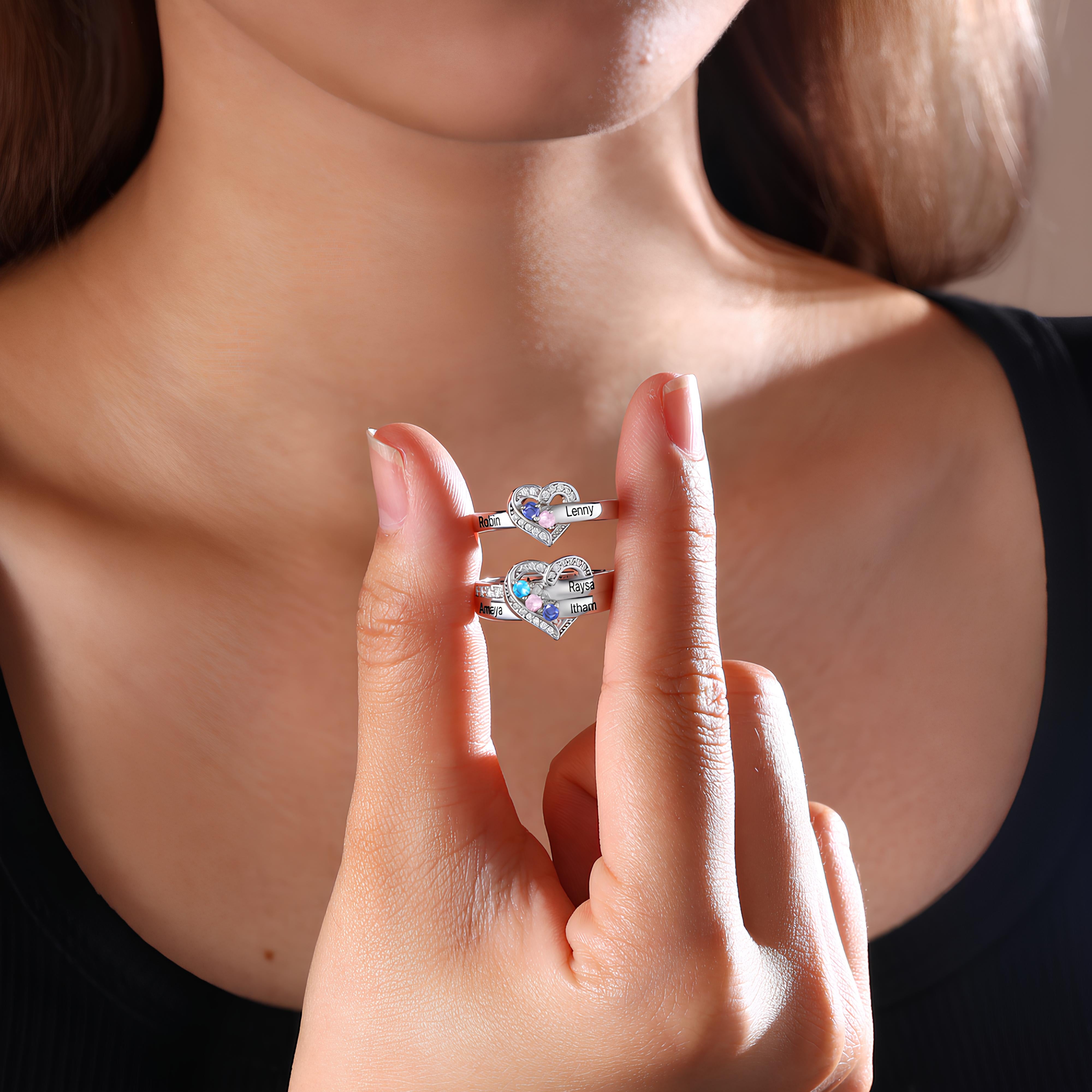 Heart Birthstone Ring with Engraved Names