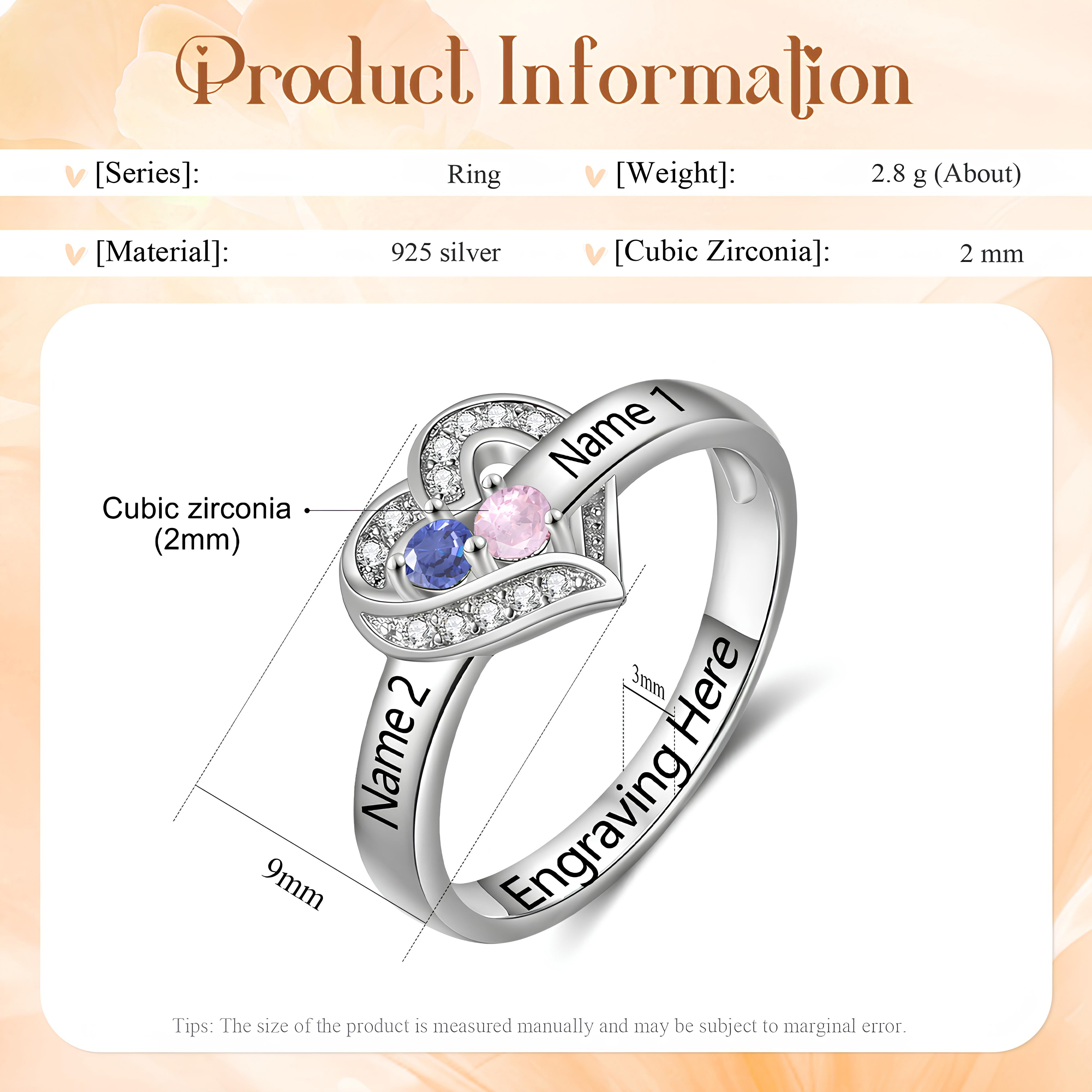 Heart Birthstone Ring with Engraved Names