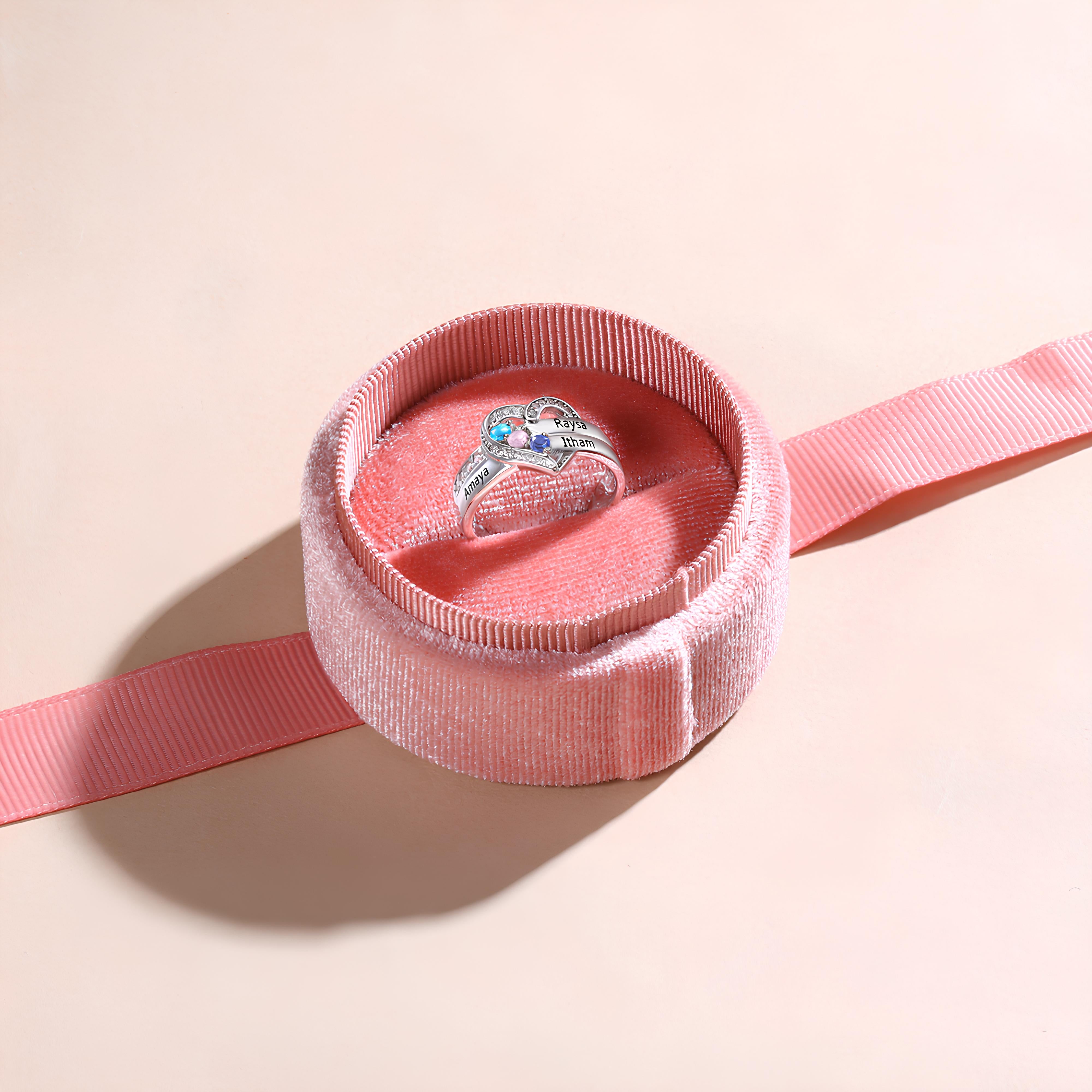 Heart Birthstone Ring with Engraved Names
