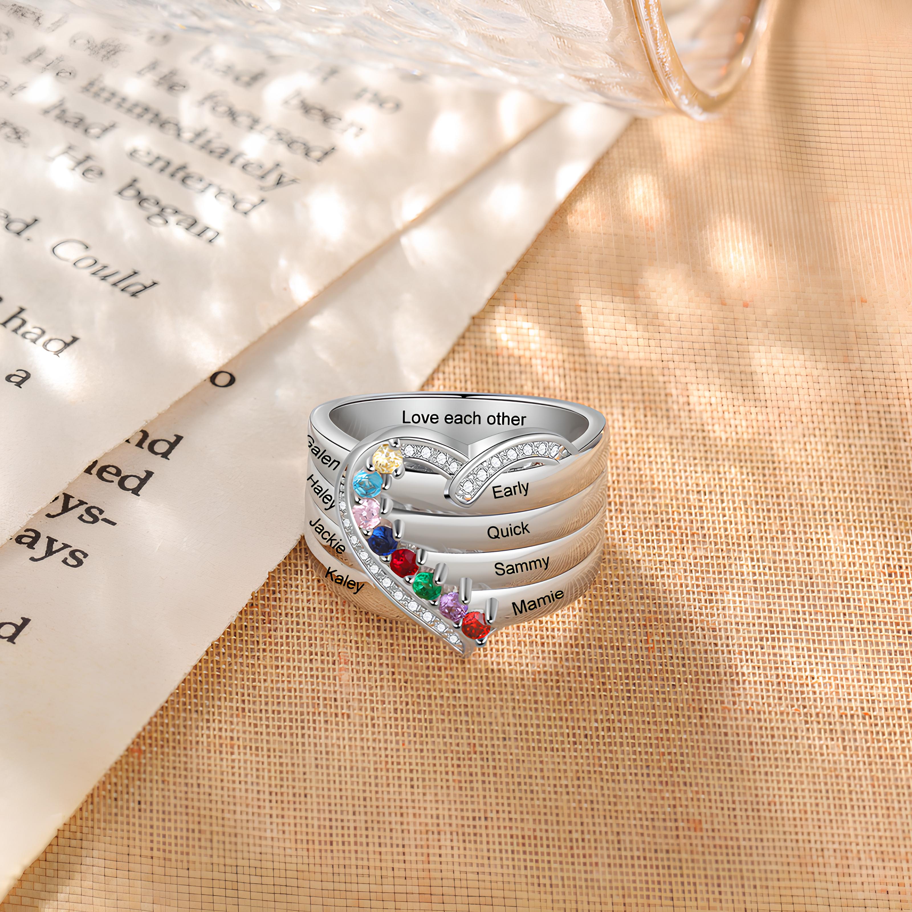Heart Birthstone Ring with Engraved Names