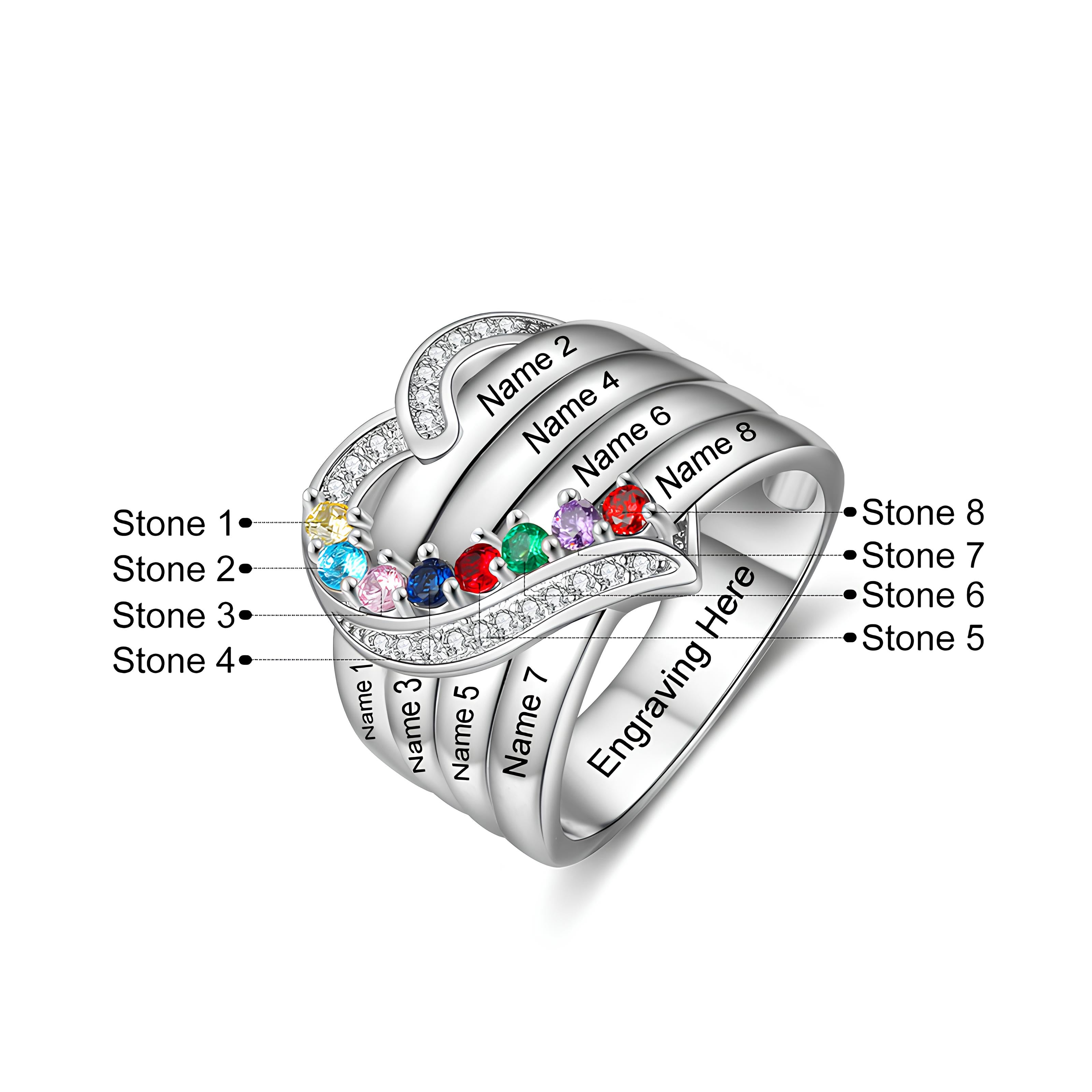 Heart Birthstone Ring with Engraved Names