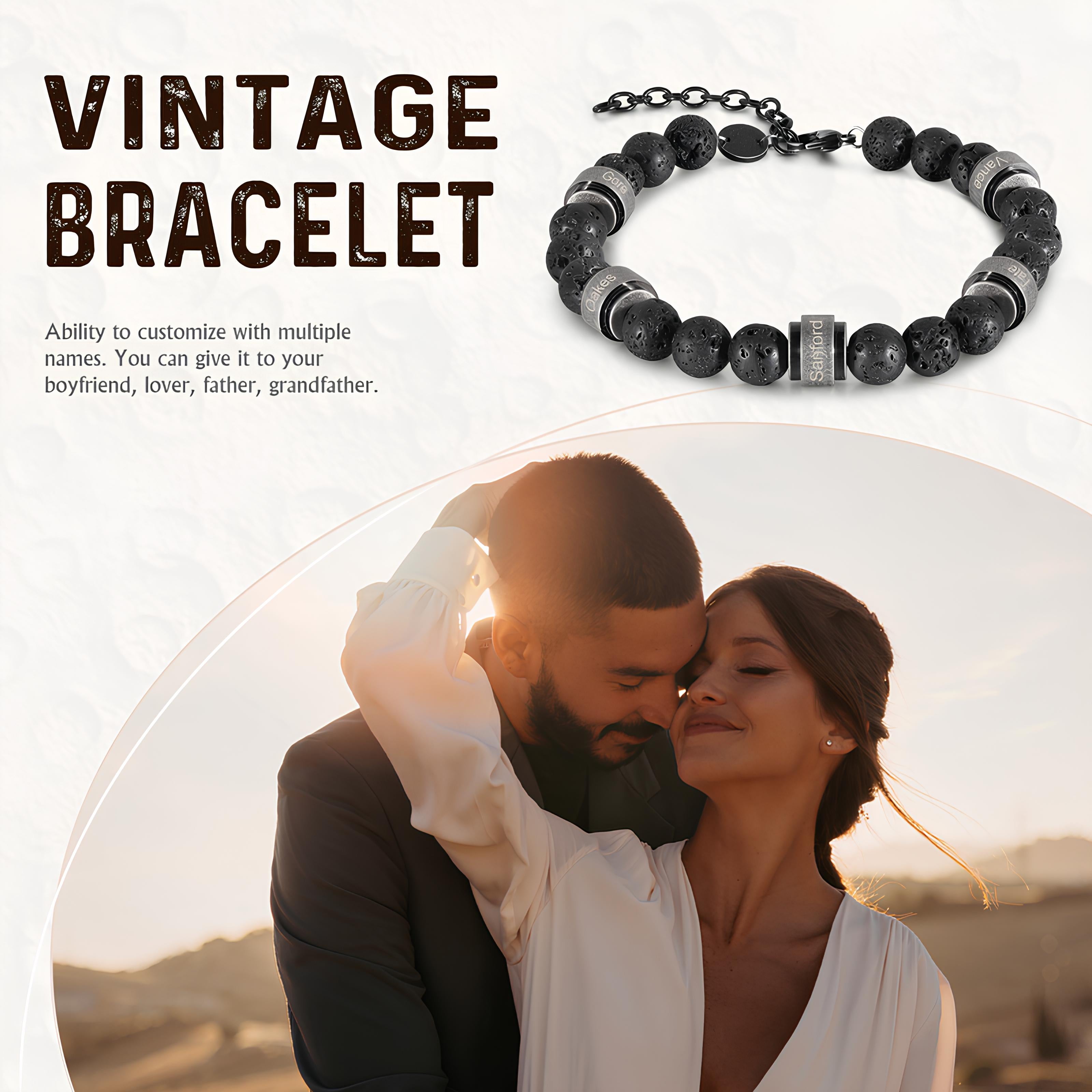 Engraved Black Lava Stone Bead Bracelet