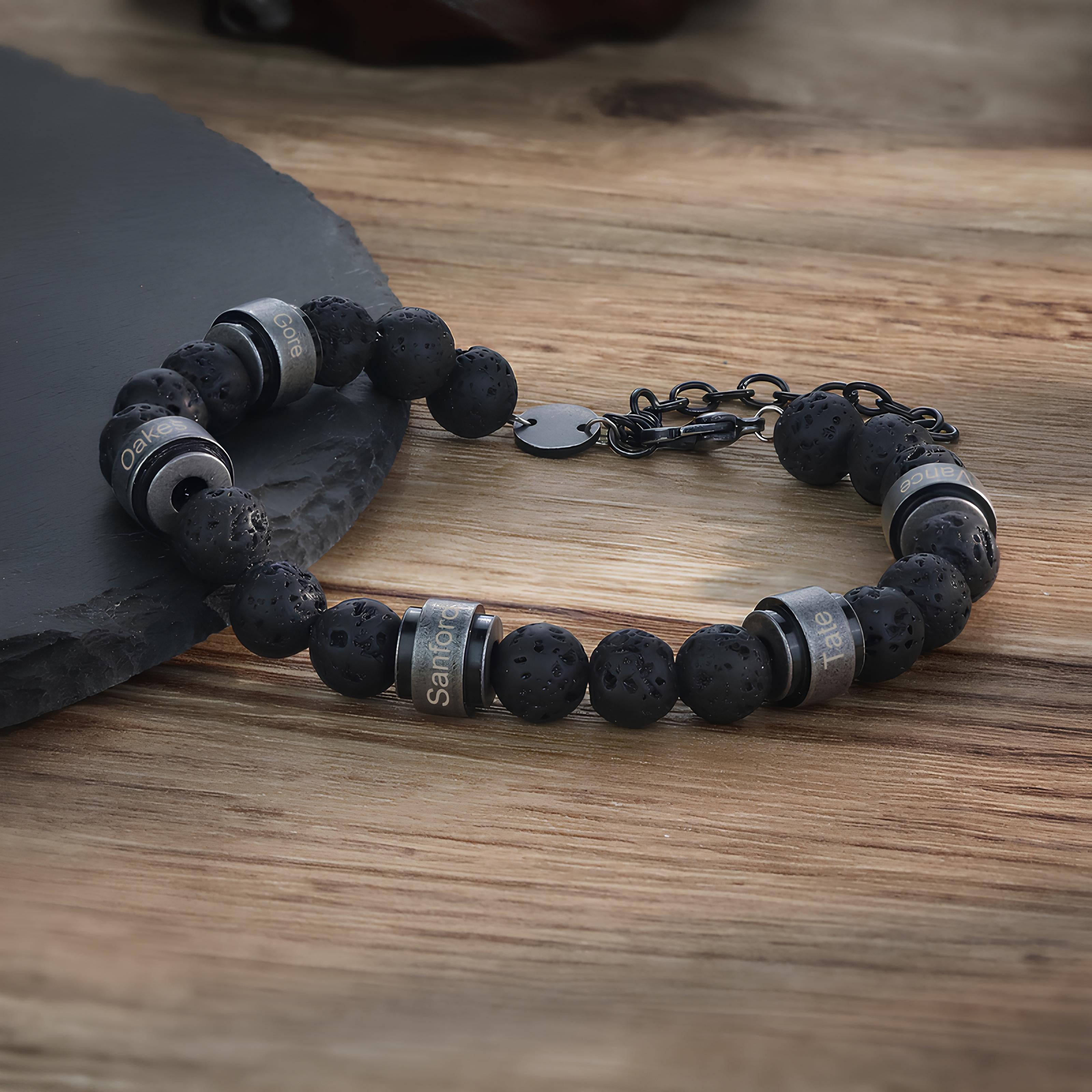 Engraved Black Lava Stone Bead Bracelet