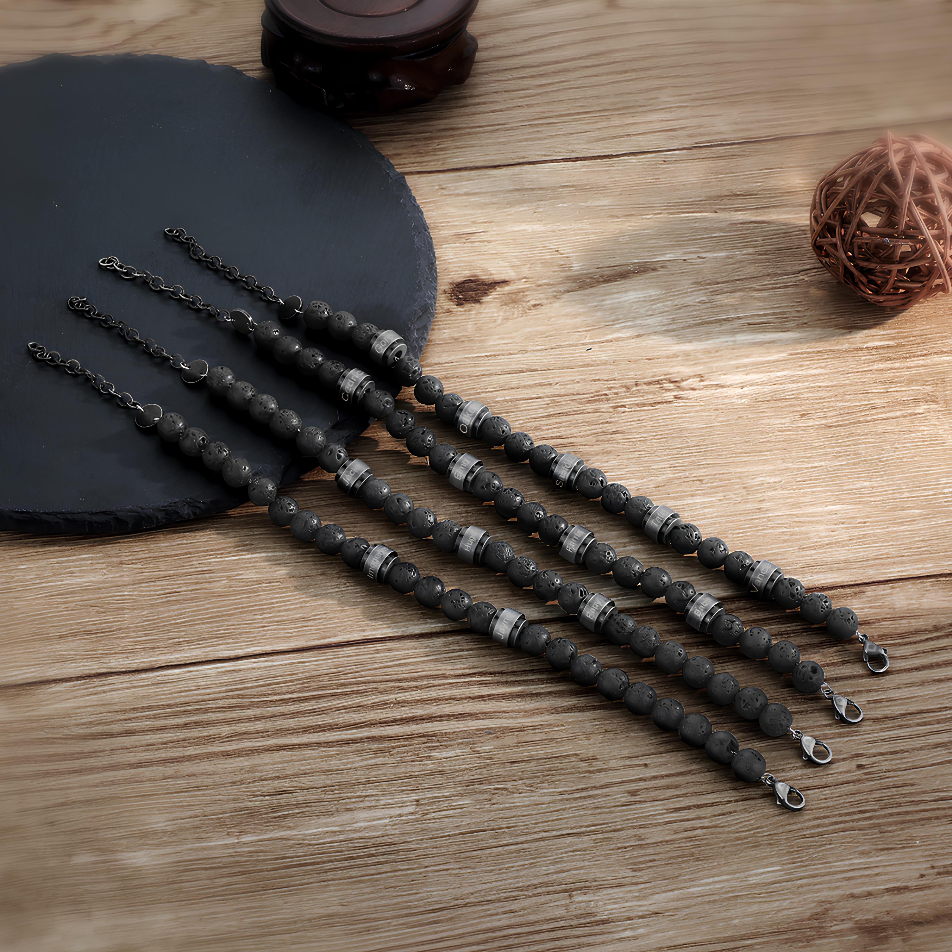 Engraved Black Lava Stone Bead Bracelet