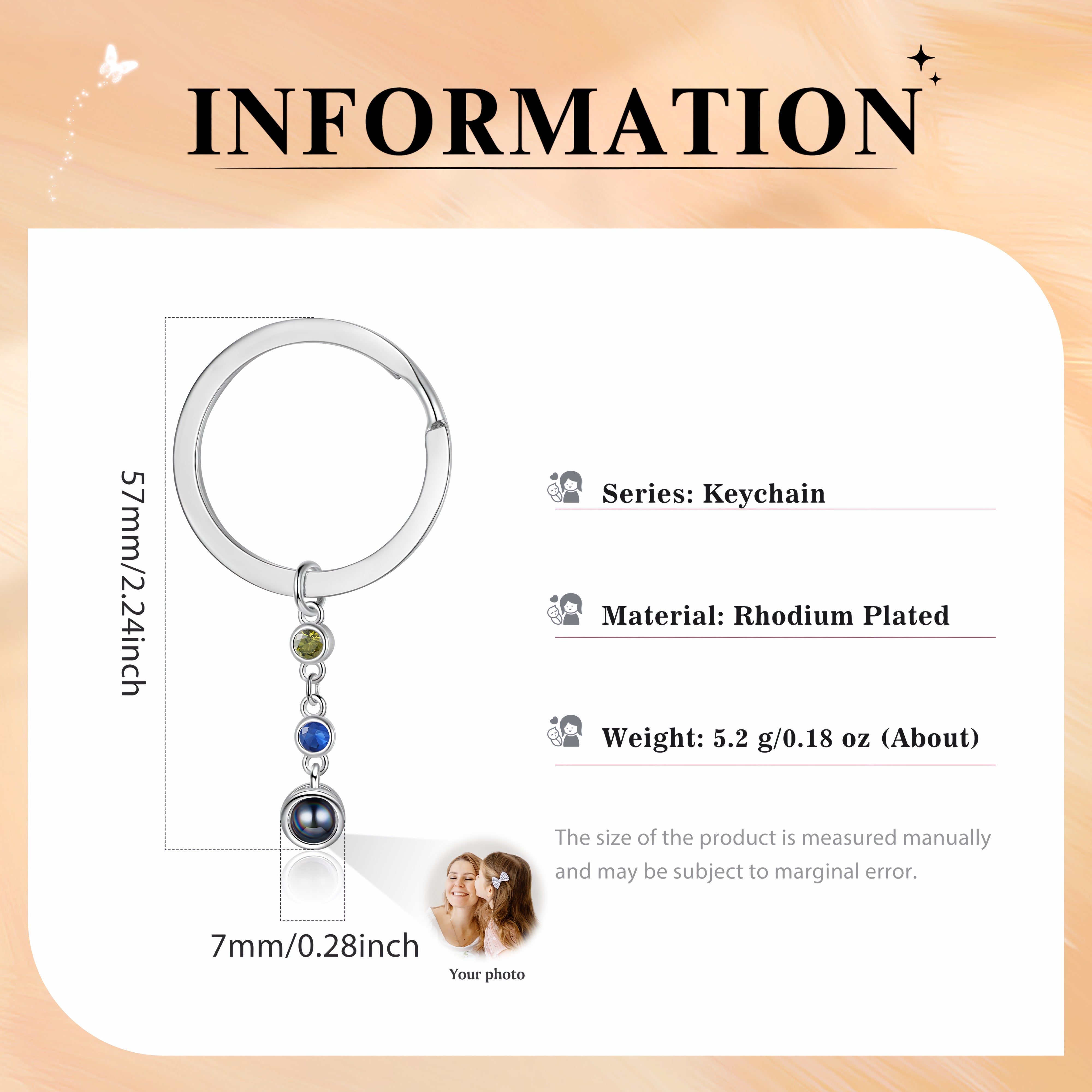 Custom Photo Projection Keychain with Birthstones
