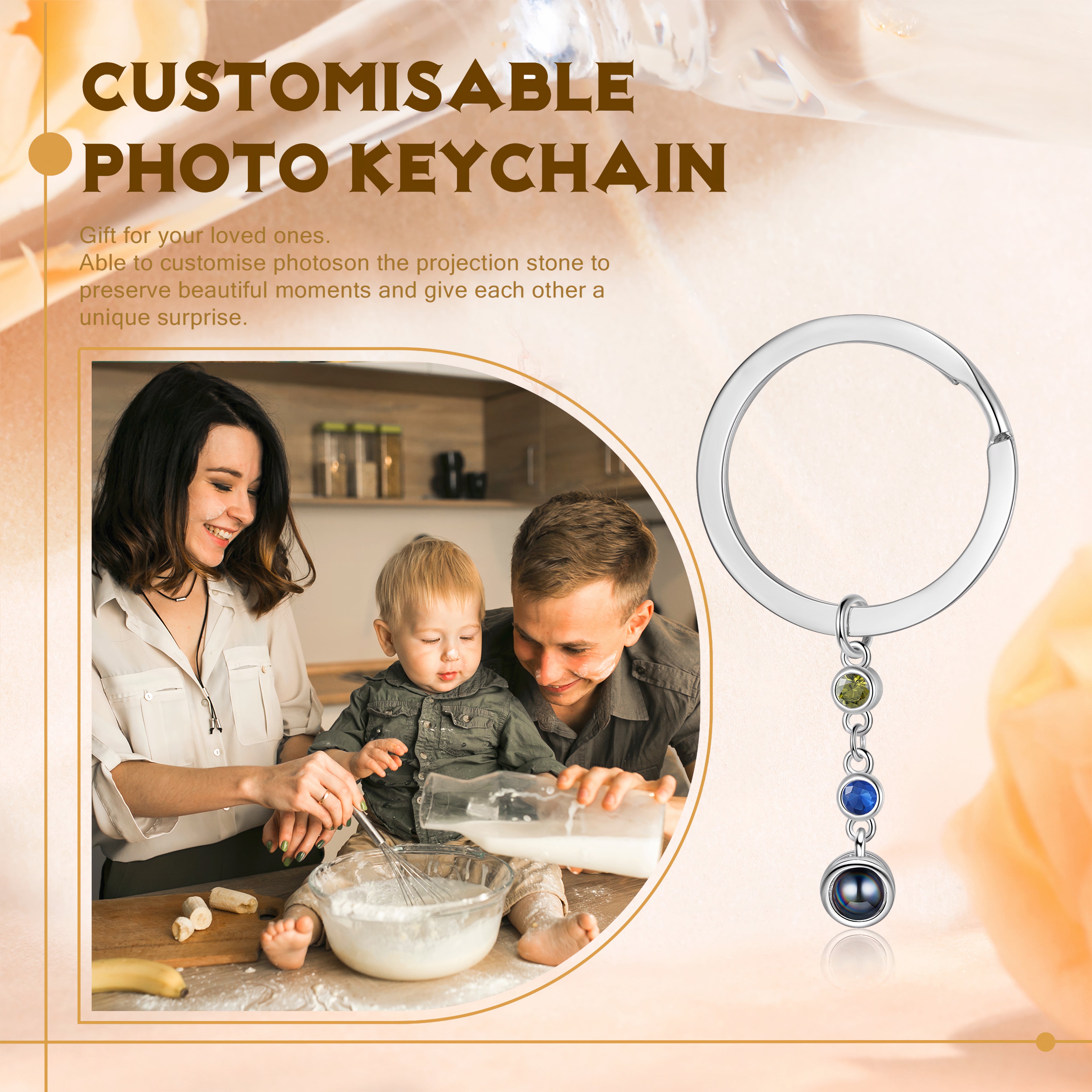 Custom Photo Projection Keychain with Birthstones