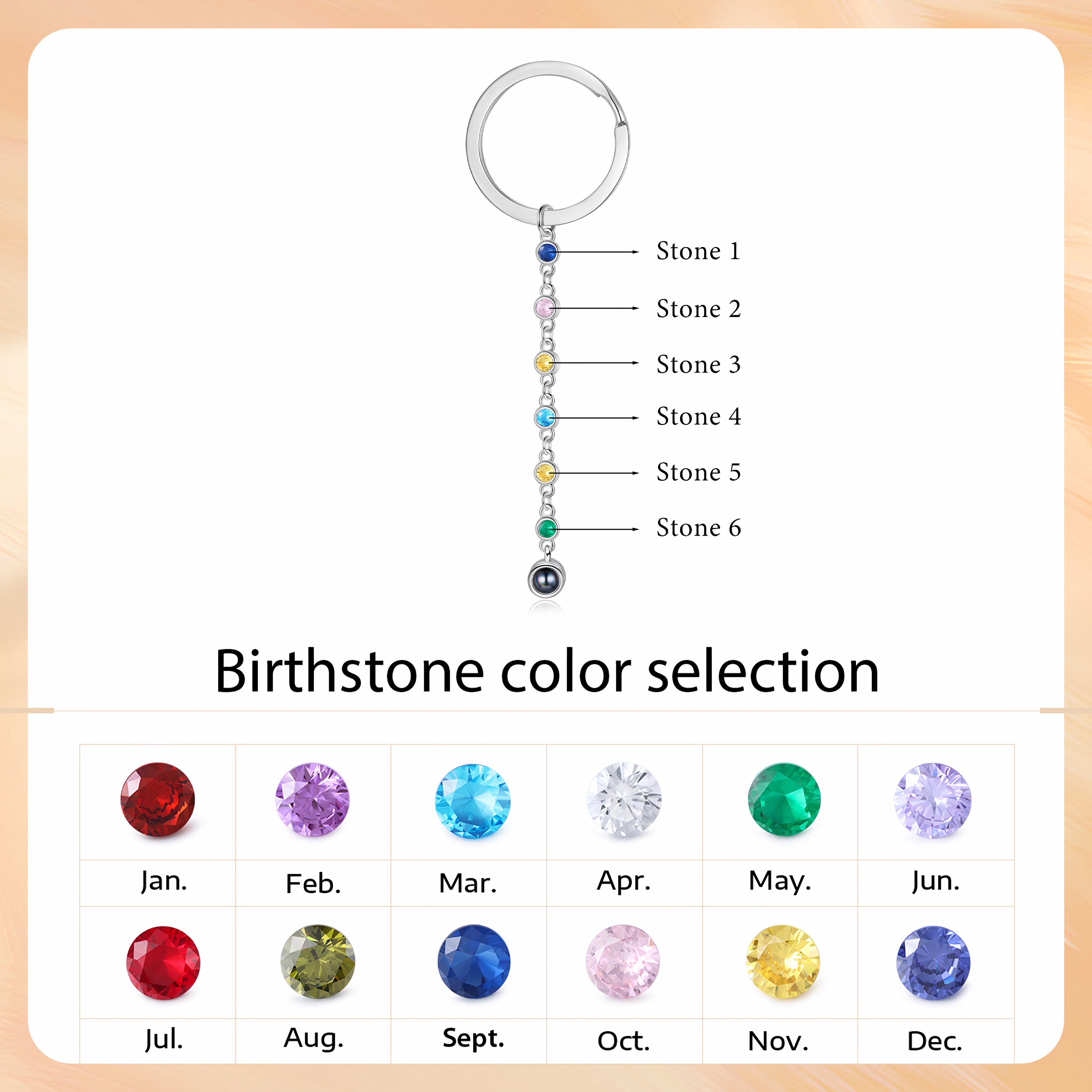 Custom Photo Projection Keychain with Birthstones