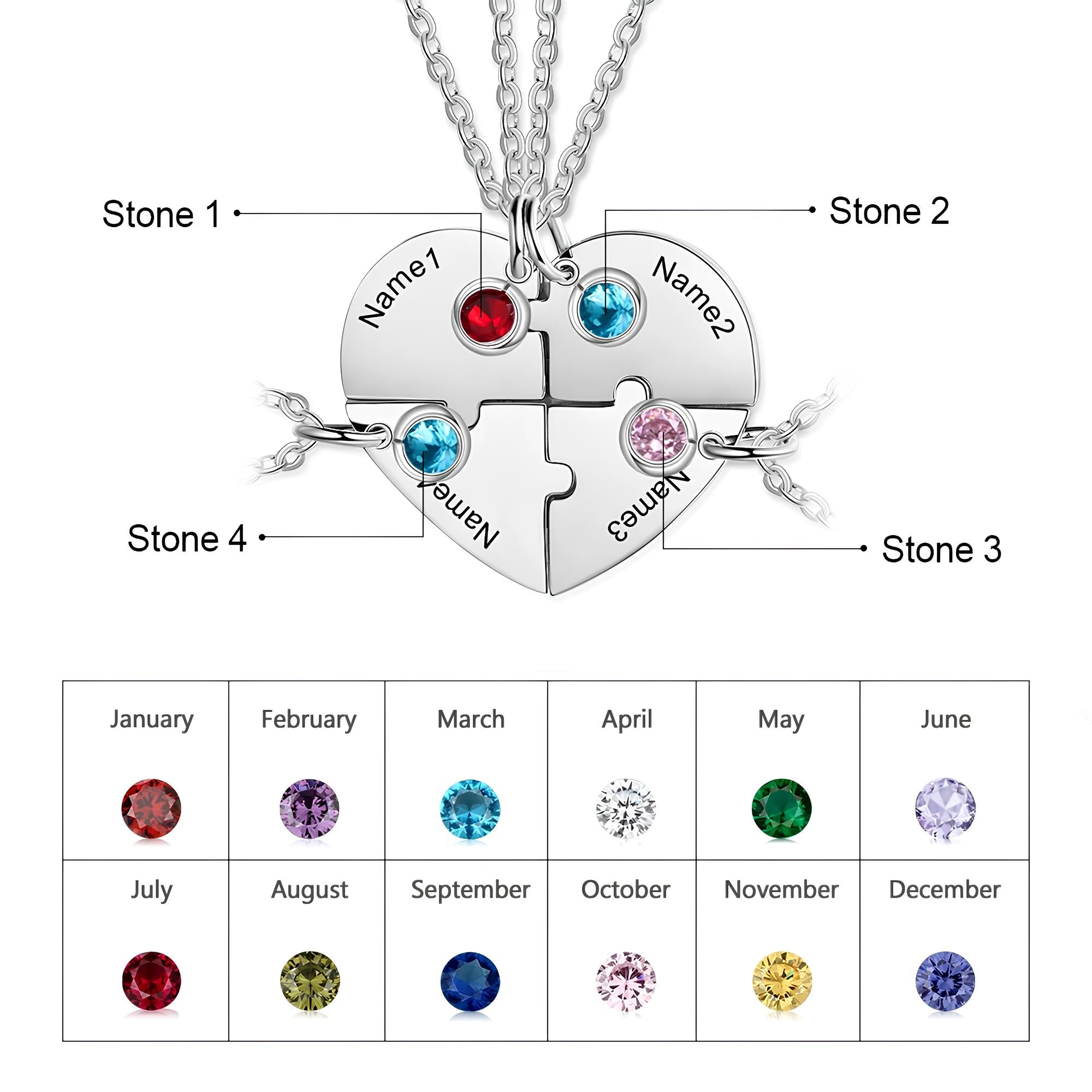 Custom Puzzle Heart Necklace with Birthstones