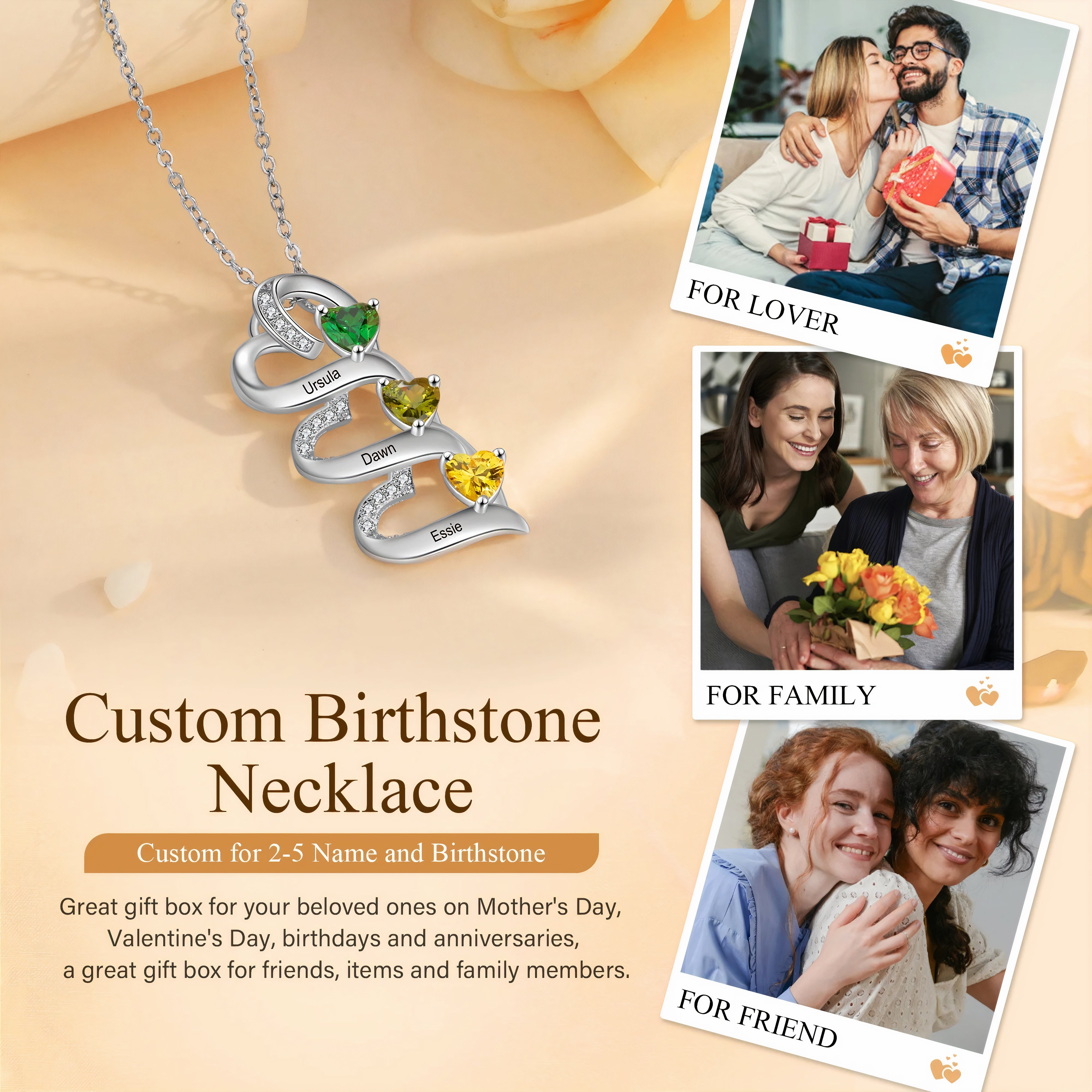 Stacked Hearts Birthstone Necklace