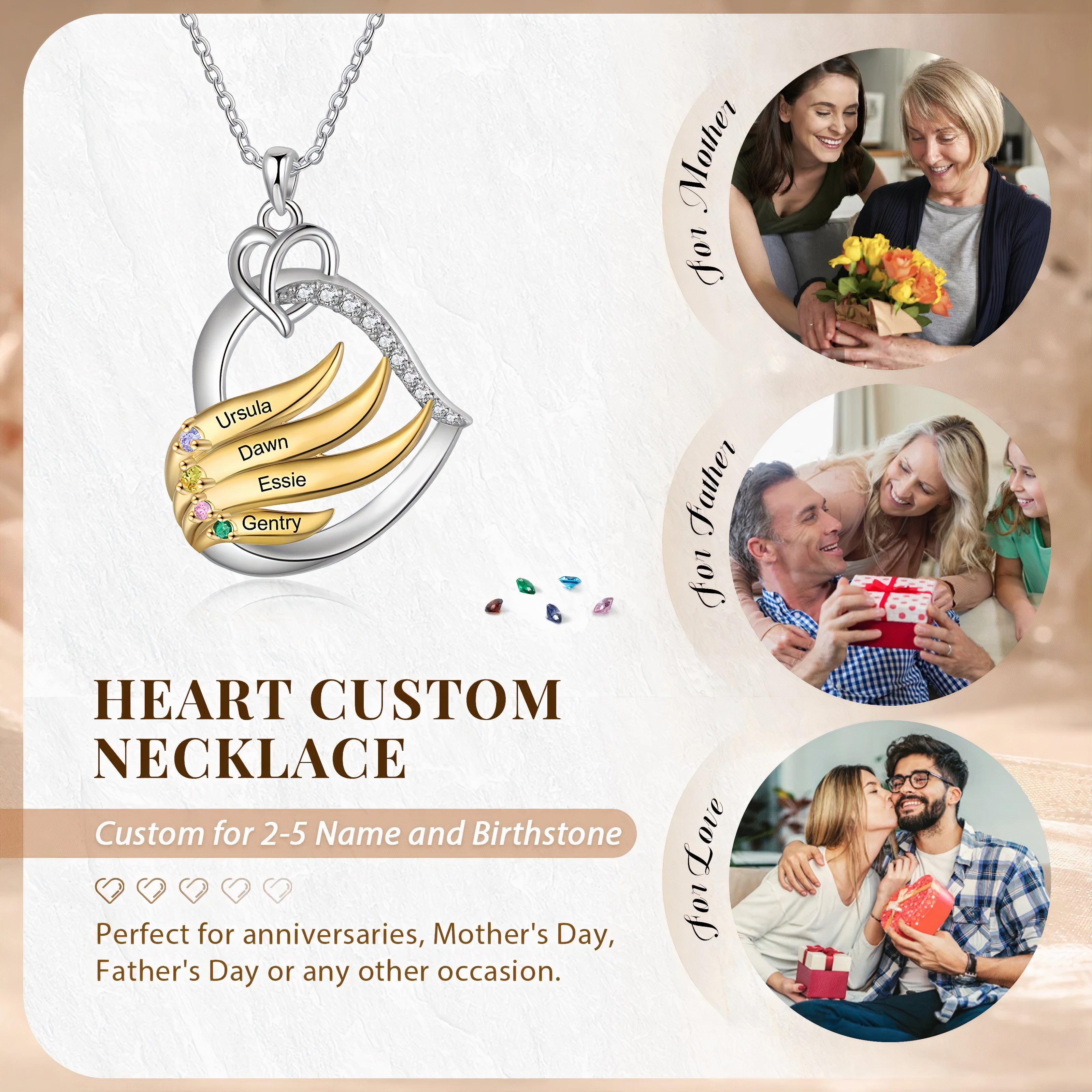 Custom Names & Birthstones Heart Necklace